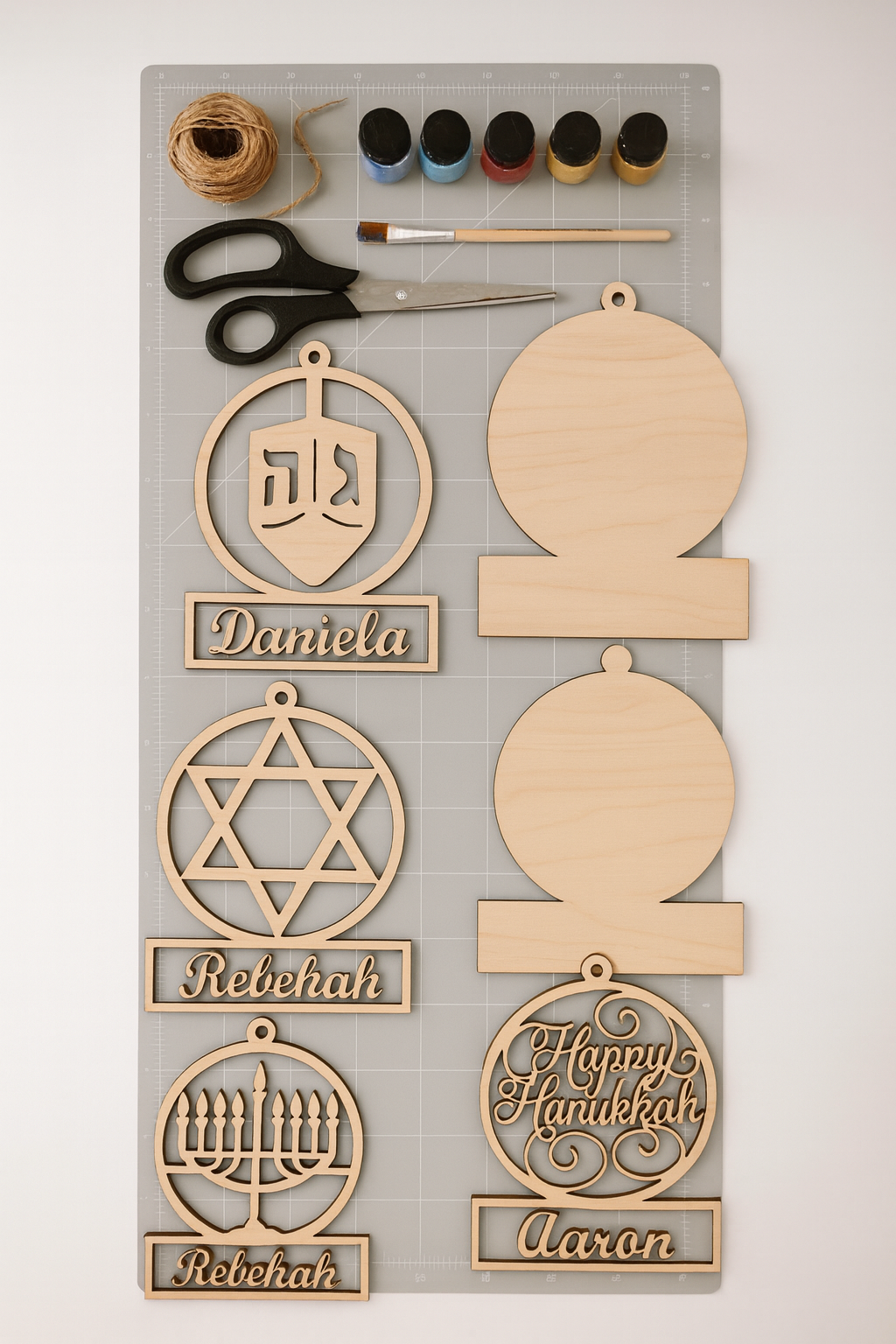 Custom Hanukkah Ornament Craft Kit | Set of 4 Hanukkah Wood Ornament DIY