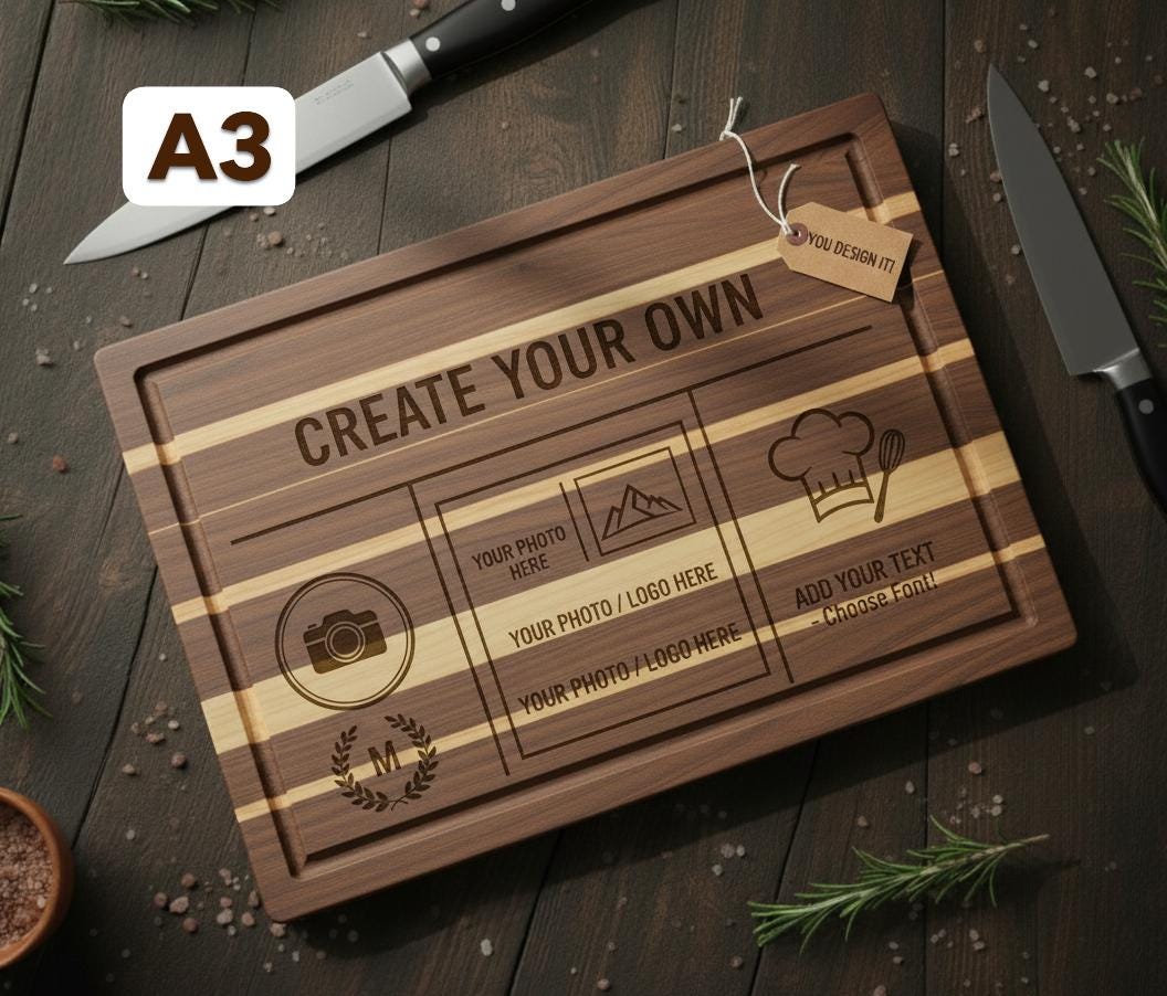 Personalized Wood Cutting Board – Engraved Photo, Logo, or Text Acacia 14 x 10 A3