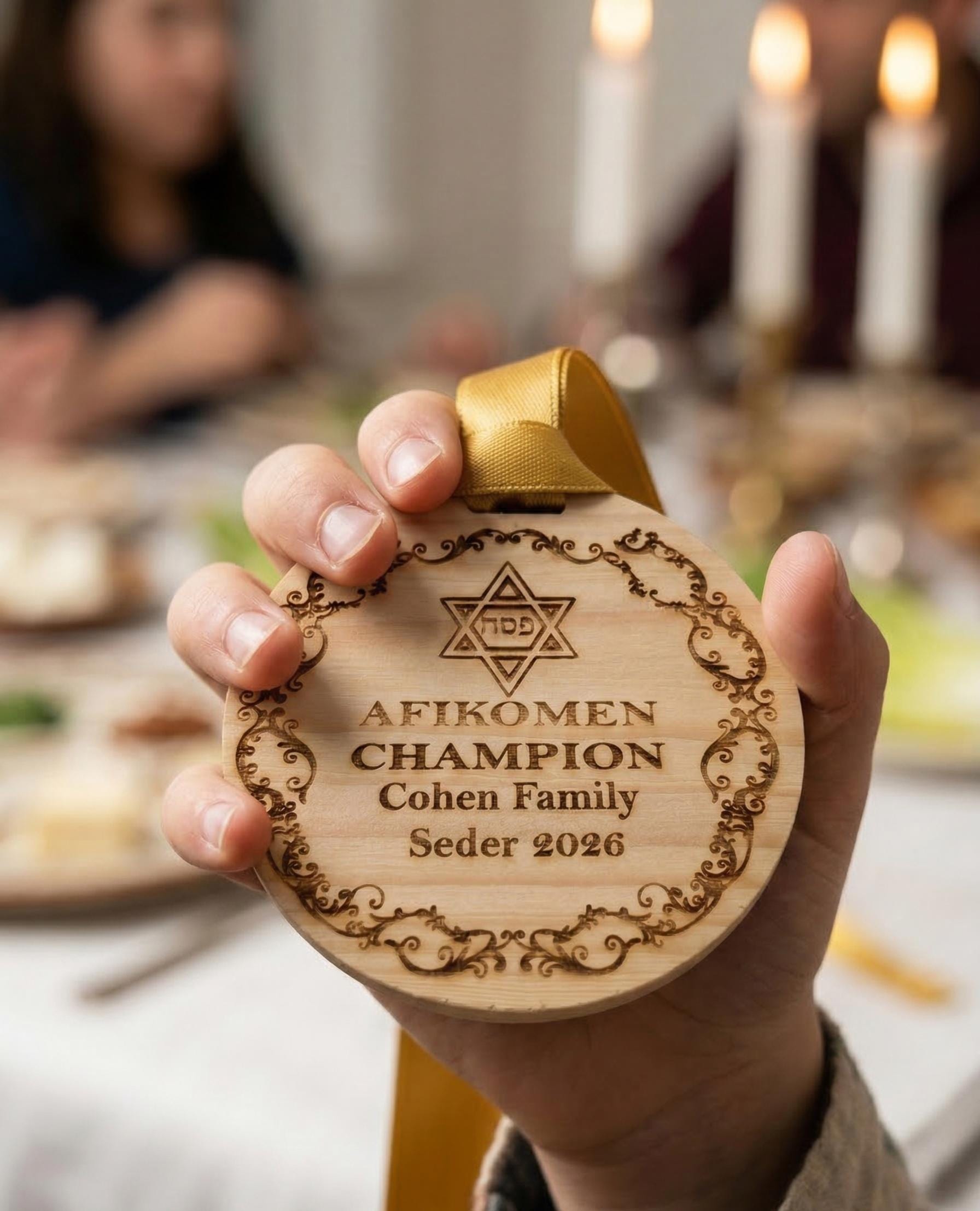 Custom Engraved Wooden Afikomen Champion Medal – Personalized Seder Tradition