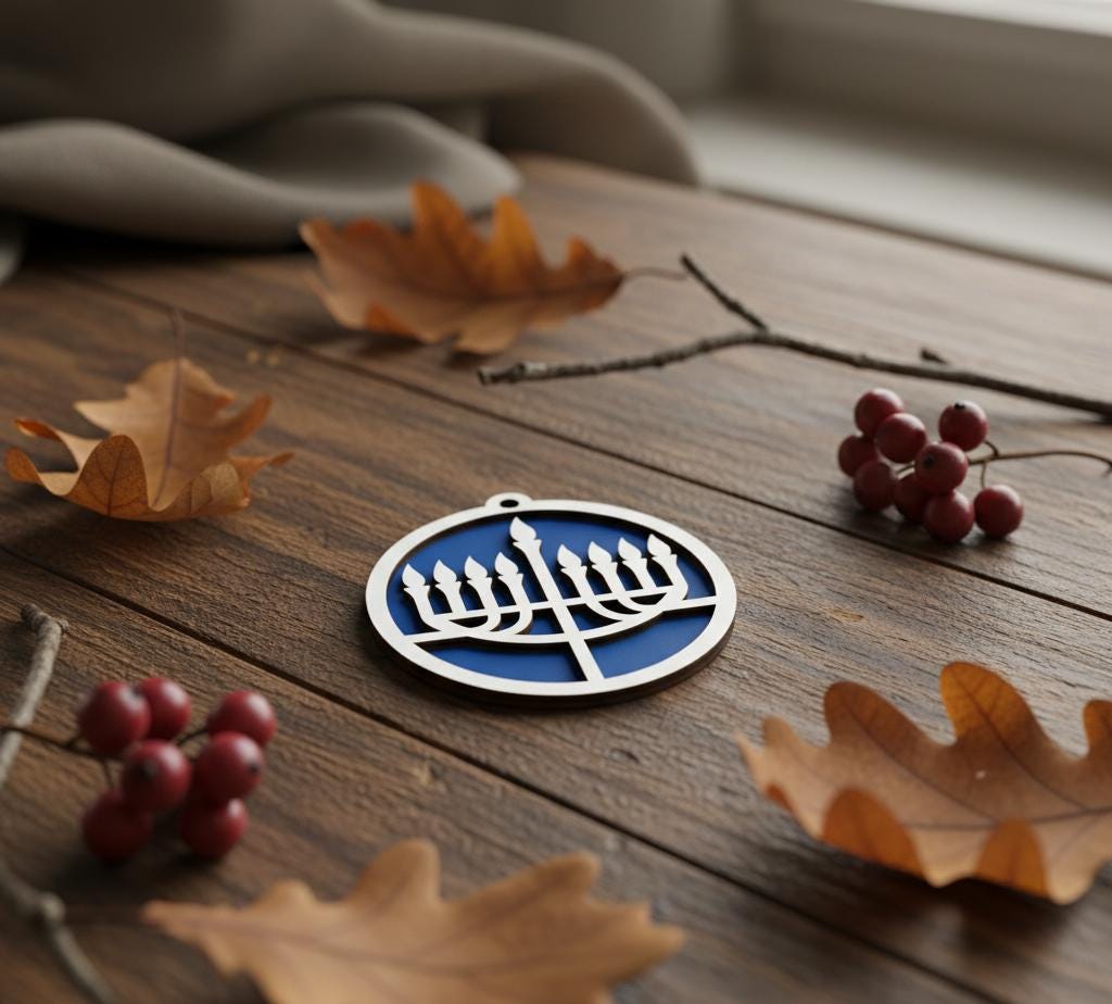 Two Layered Hanukkah Hanukkiah Ornament - Laser Cut Wood, Painted Blue & White