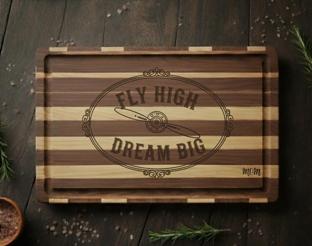 Personalize Engraved Pilot Charcuterie board with Quote "Fly High Dream Big" in - Pilot Gift Acacia wood 14 x 10