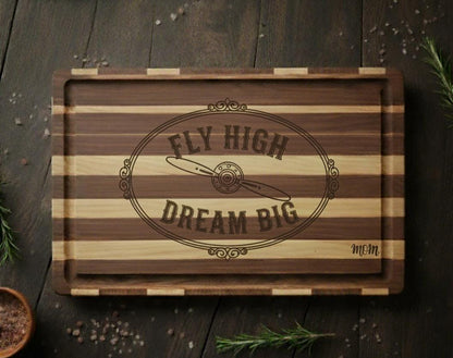 Personalize Engraved Pilot Charcuterie board with Quote "Fly High Dream Big" in - Pilot Gift Acacia wood 14 x 10