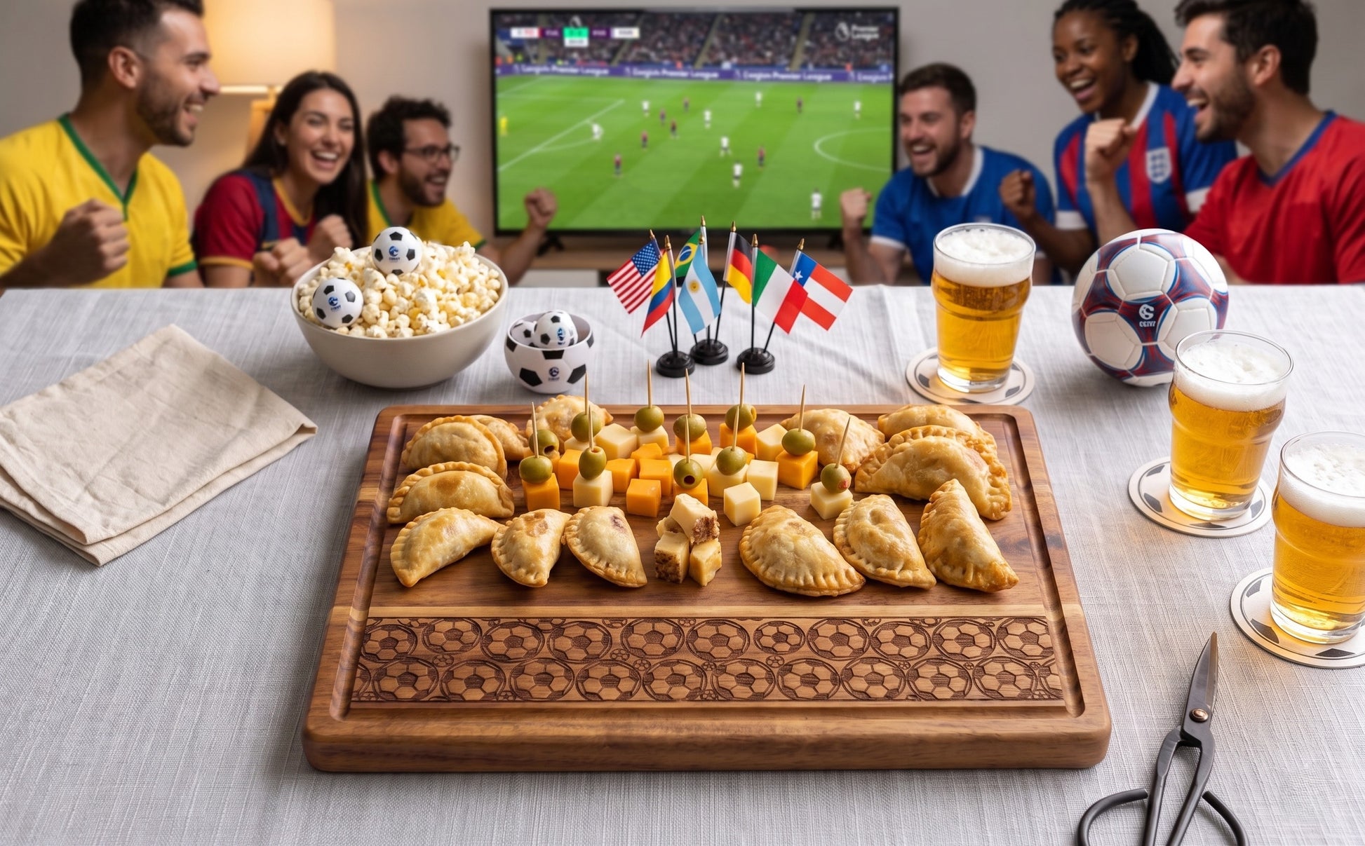 Engraved acacia wood serving board with soccer football fan design, ideal for charcuterie and serving snacks, from The Present Spot.