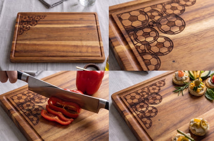Engraved acacia wood serving board featuring a soccer football fan design, ideal for charcuterie and food presentation.
