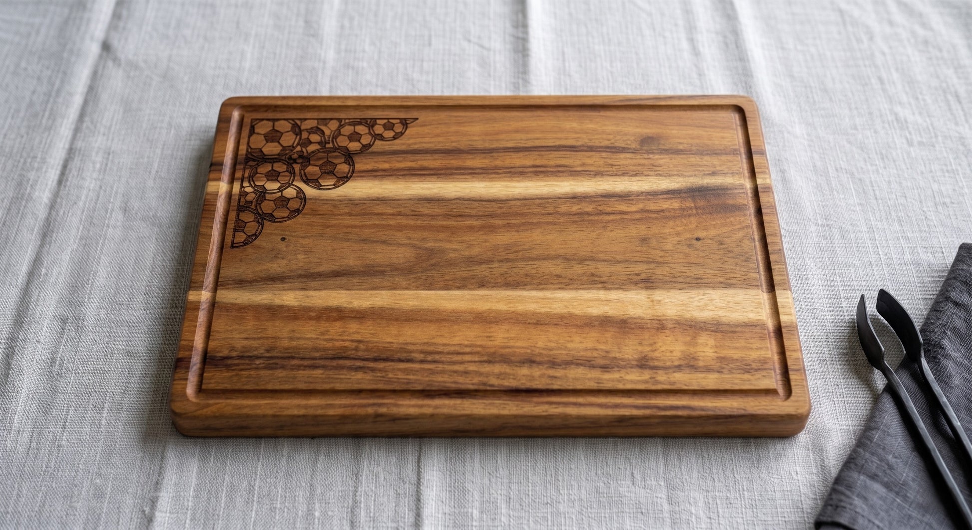 Engraved acacia wood serving board with soccer football fan design, perfect for charcuterie and cheese display.