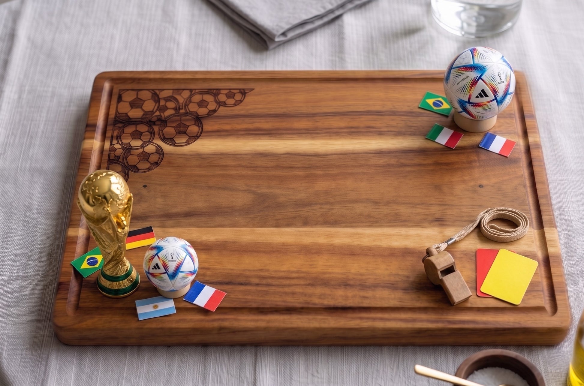 Engraved acacia wood serving board with soccer football fan design, ideal for charcuterie and cheese presentation.