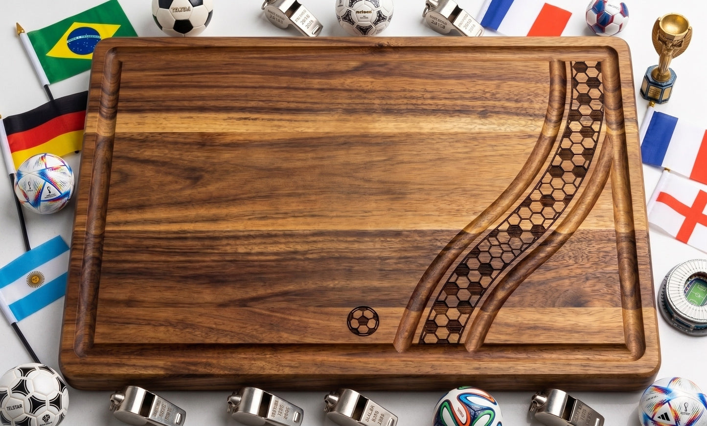 Engraved acacia wood soccer football fan serving board, perfect for charcuterie and serving snacks, by The Present Spot.