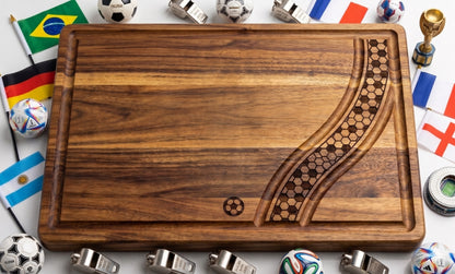 Engraved acacia wood soccer football fan serving board, perfect for charcuterie and serving snacks, by The Present Spot.
