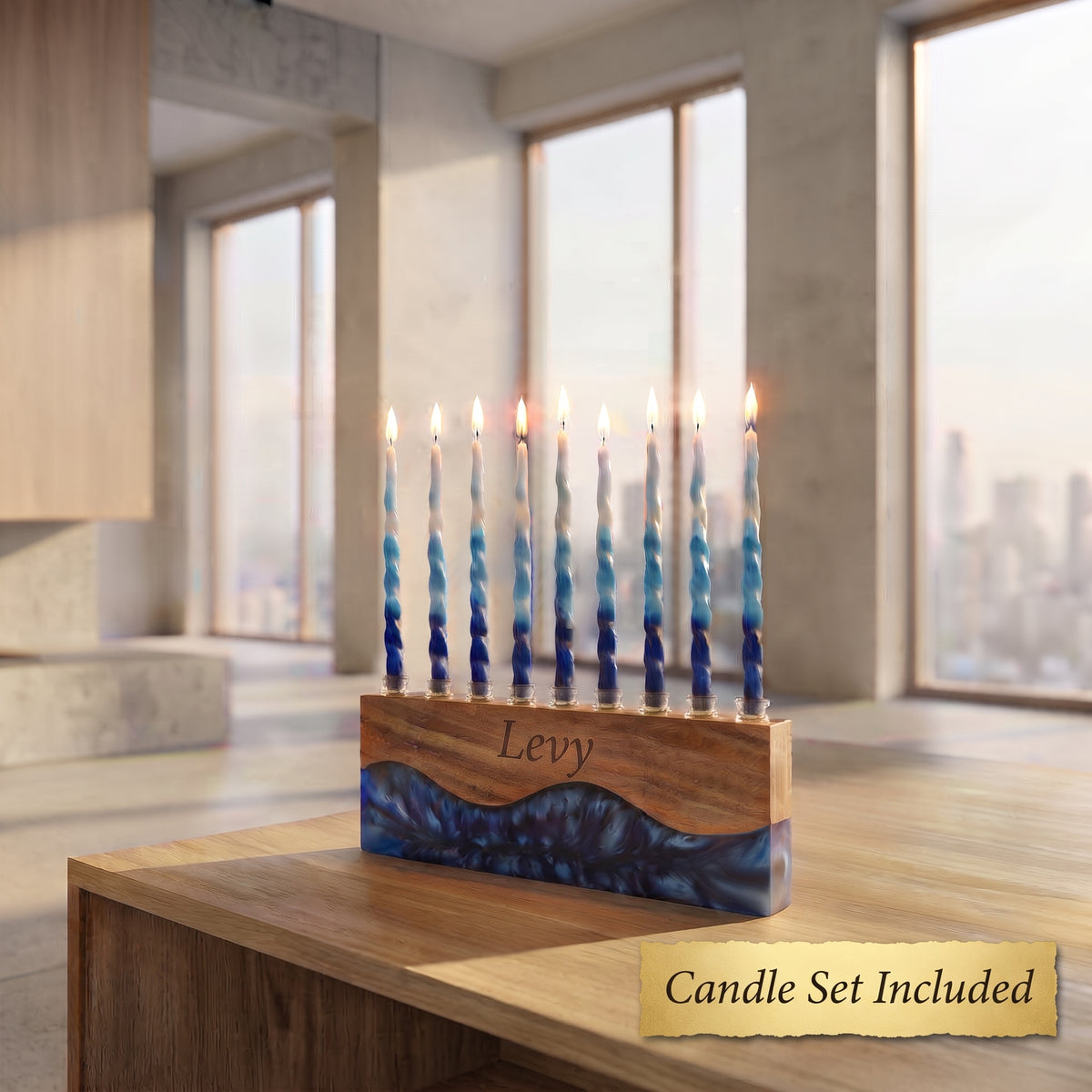 Personalized Hanukkah menorah in narra wood and blue resin with engraved family name and 9 glass candle holders