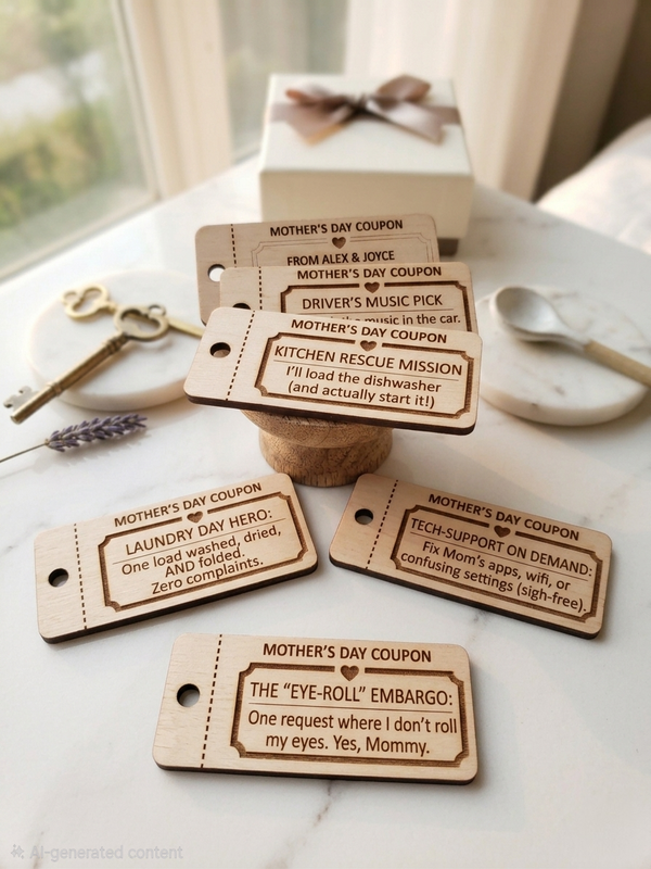 Wooden coupons for mom by The Present Spot, featuring kids' help and chore vouchers on birch plywood, ideal for gift-giving.
