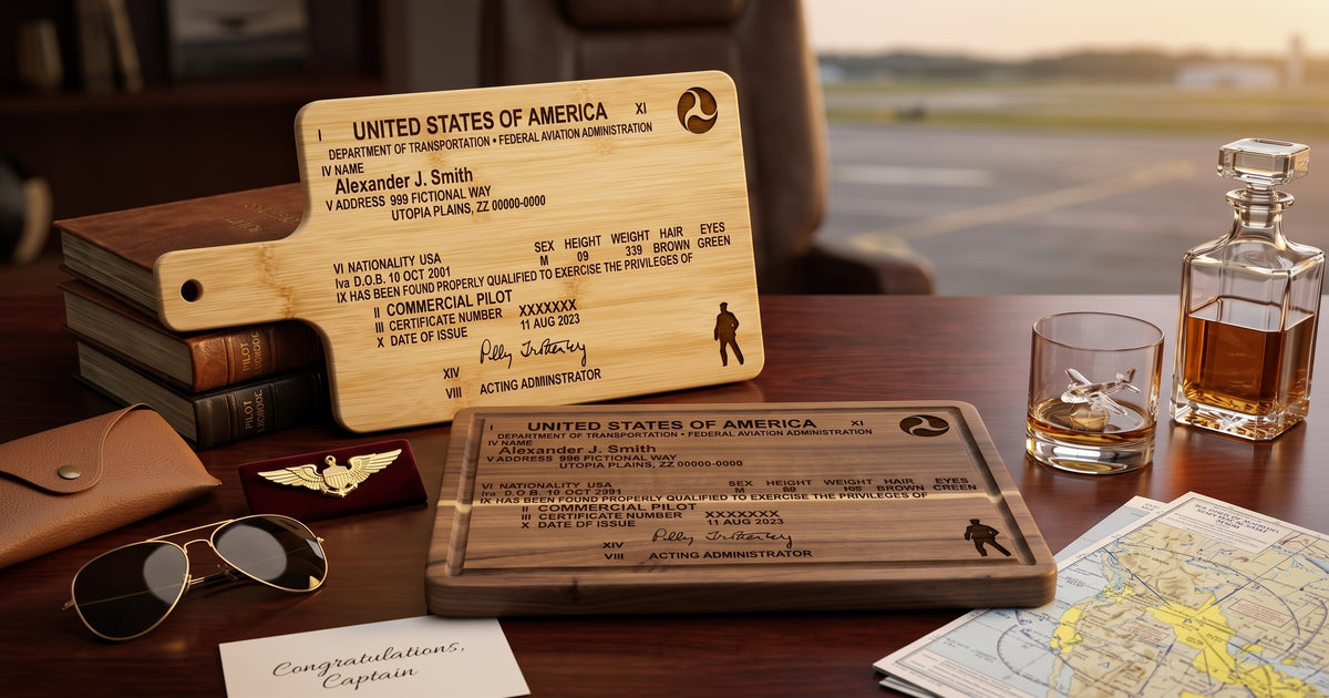 Custom engraved Pilot License serving board from The Present Spot, featuring a detailed pilot license design in wood.
