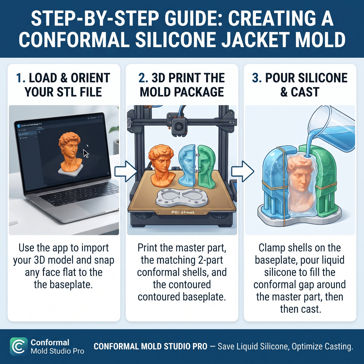 Infographic for Conformal Silicone Mold Generator Software and STL Jacket Mold Maker for resin, candle, soap, and concrete casts