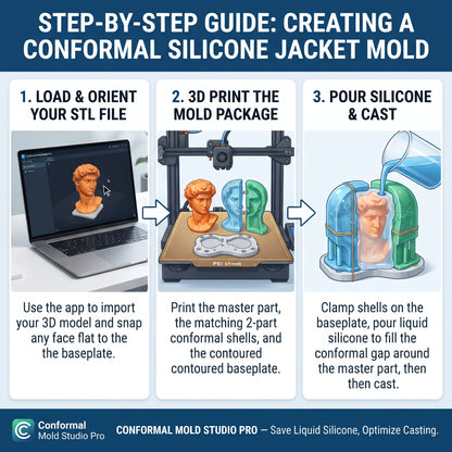 Infographic for Conformal Silicone Mold Generator Software and STL Jacket Mold Maker for resin, candle, soap, and concrete casts