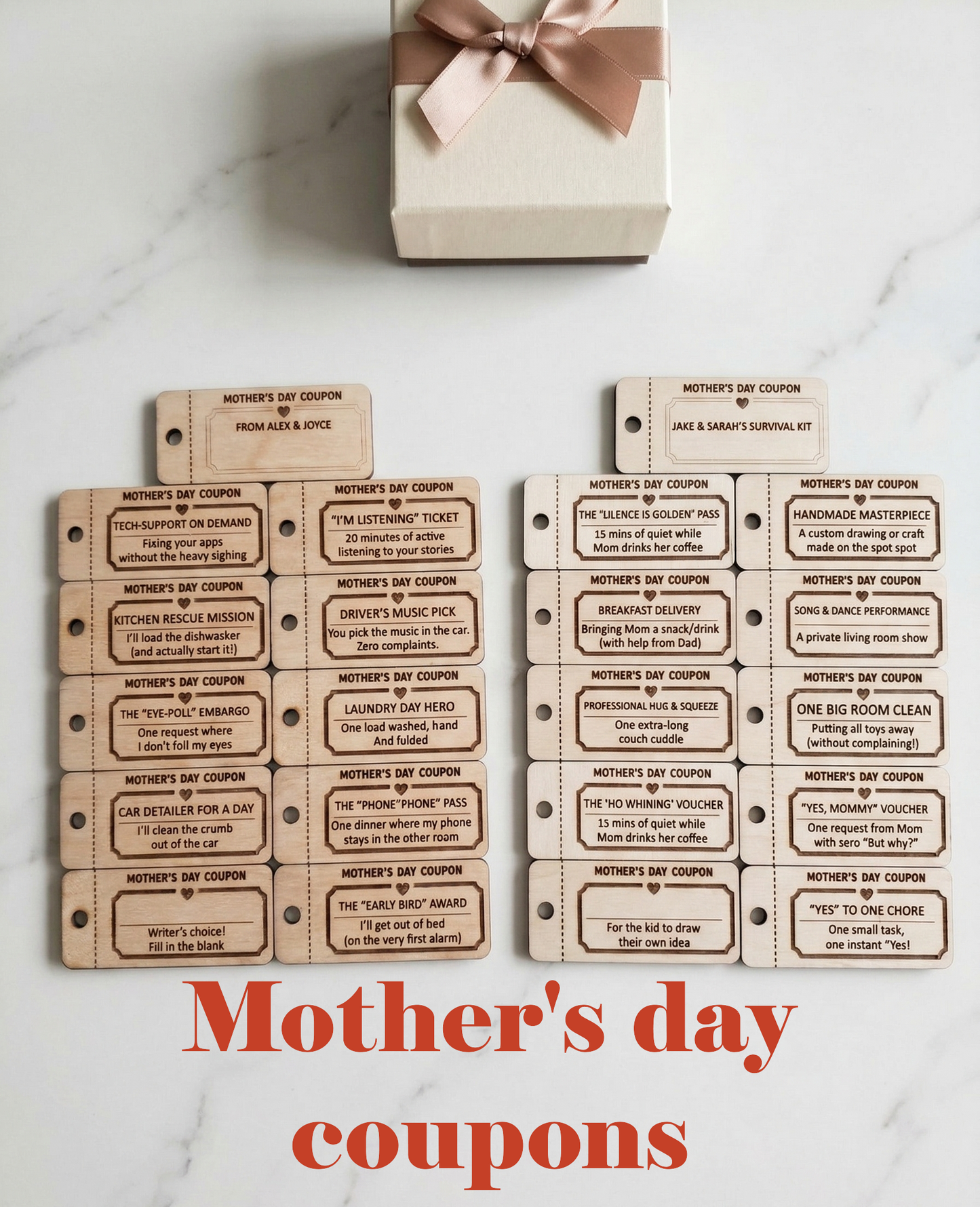 Wooden Coupons for Mom – Kids Help & Chore Vouchers – Birch Plywood Gift Bundle Both