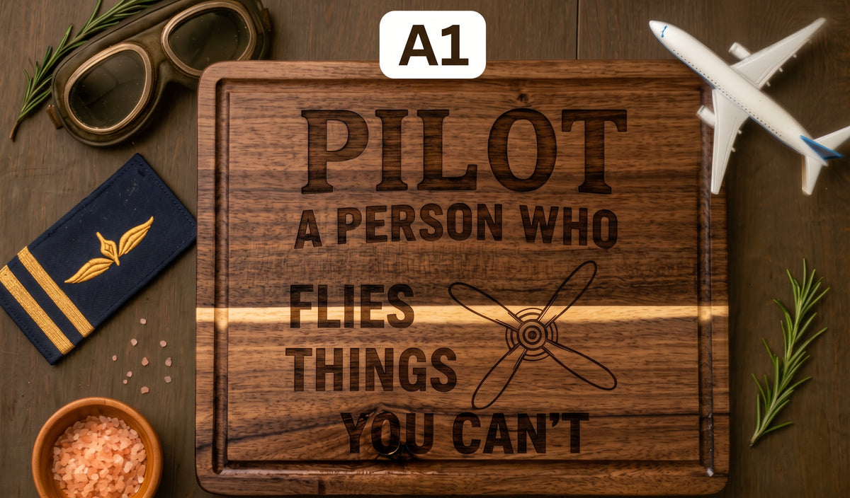 Personalized pilot definition serving board made of acacia or bamboo, engraved with pilot gift design, ideal for serving or cutting.