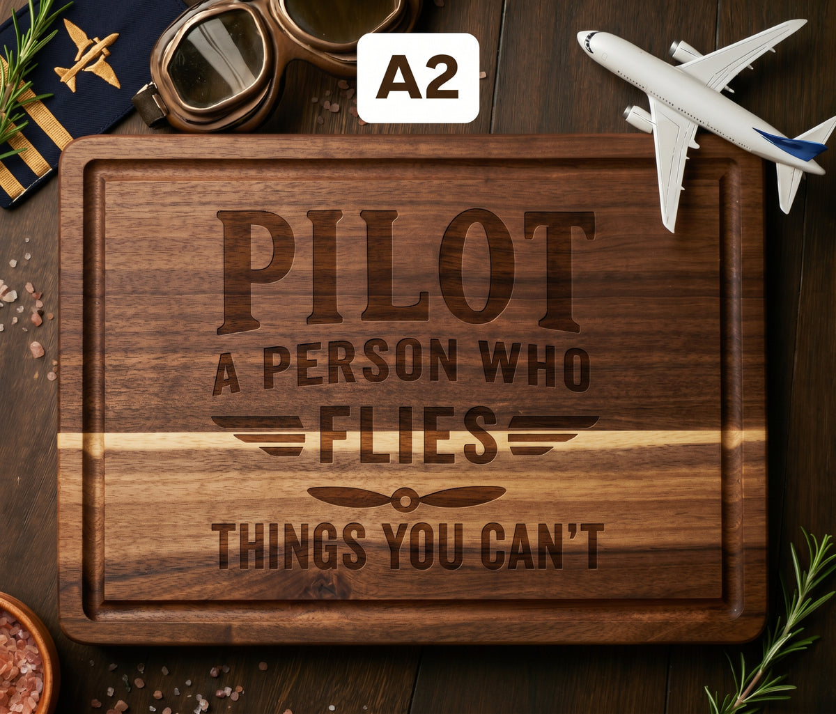 Personalized pilot definition cutting board with engraved text, made of acacia or bamboo, perfect for serving or kitchen use.