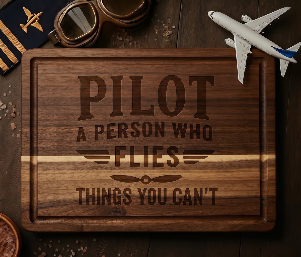 Personalized Pilot Definition cutting board by The Present Spot, engraved wooden serving board made of acacia or bamboo.