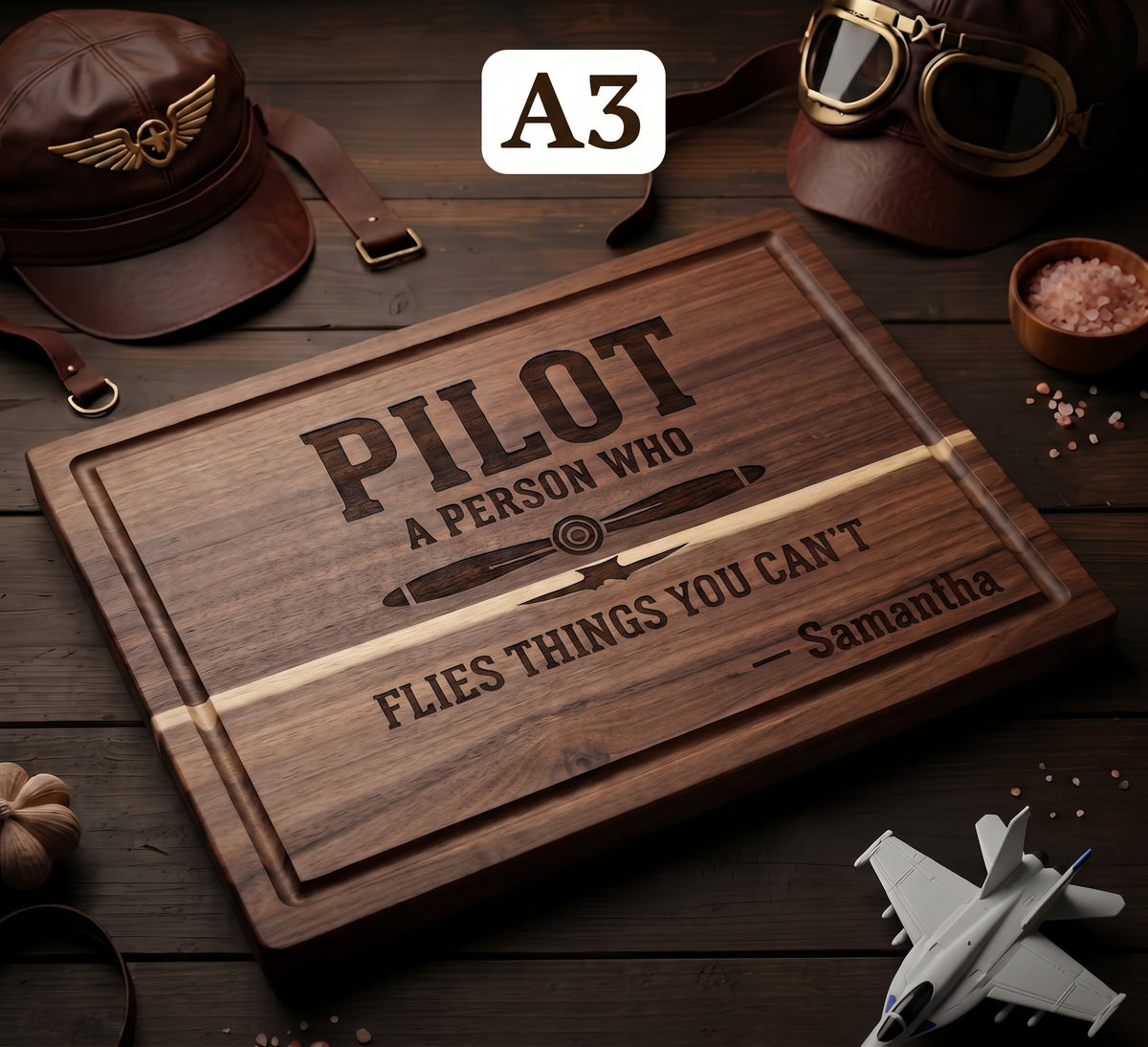 Personalized pilot definition cutting board engraved with pilot gift design, made of acacia or bamboo, from The Present Spot.