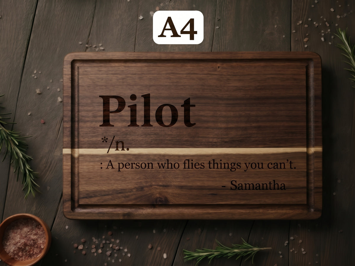 Personalized pilot definition serving board made of acacia or bamboo, engraved with pilot gift design, ideal as a unique cutting or serving board.