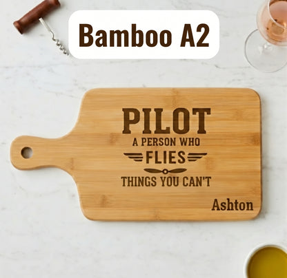 Personalized bamboo pilot definition serving board with engraved pilot gift design, featuring natural wood grain and smooth finish.