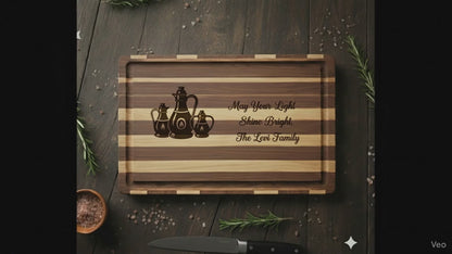 Personalized Hanukkah Cutting Board – Engraved Oil Lamps & Family Name – Jewish Gift