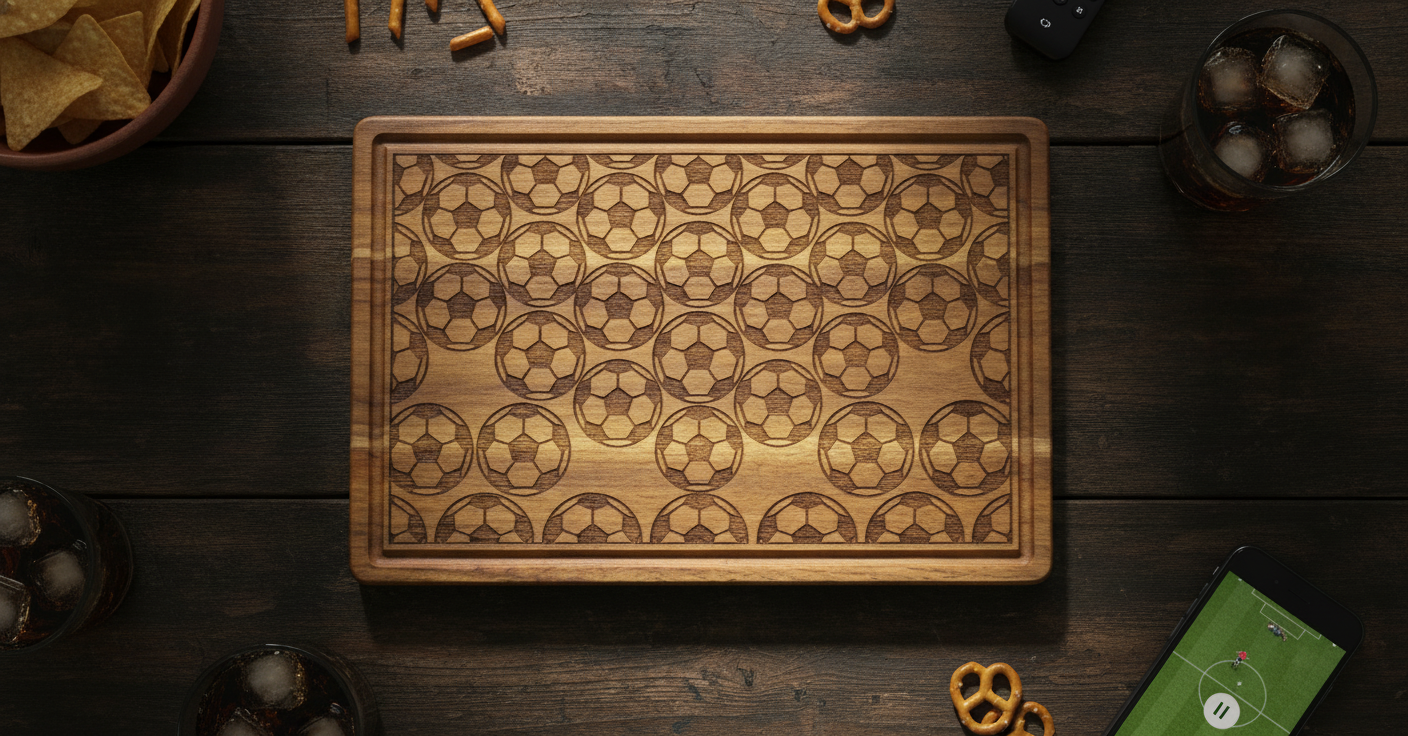 Full pattern soccer engraved serving board featuring football print, perfect for charcuterie and sports fan gift displays.
