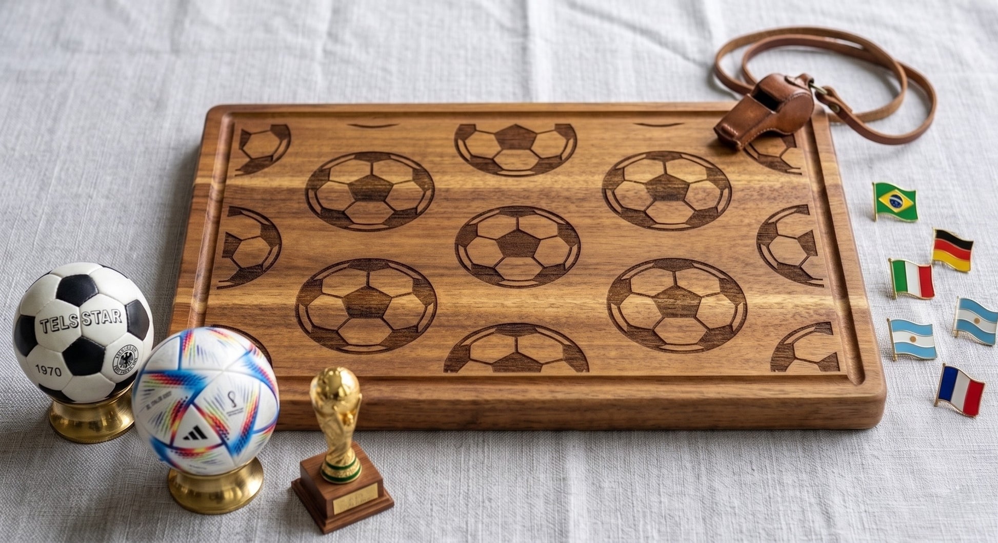 Full pattern soccer engraved serving board with football print, ideal for charcuterie and sports fan gift by The Present Spot.