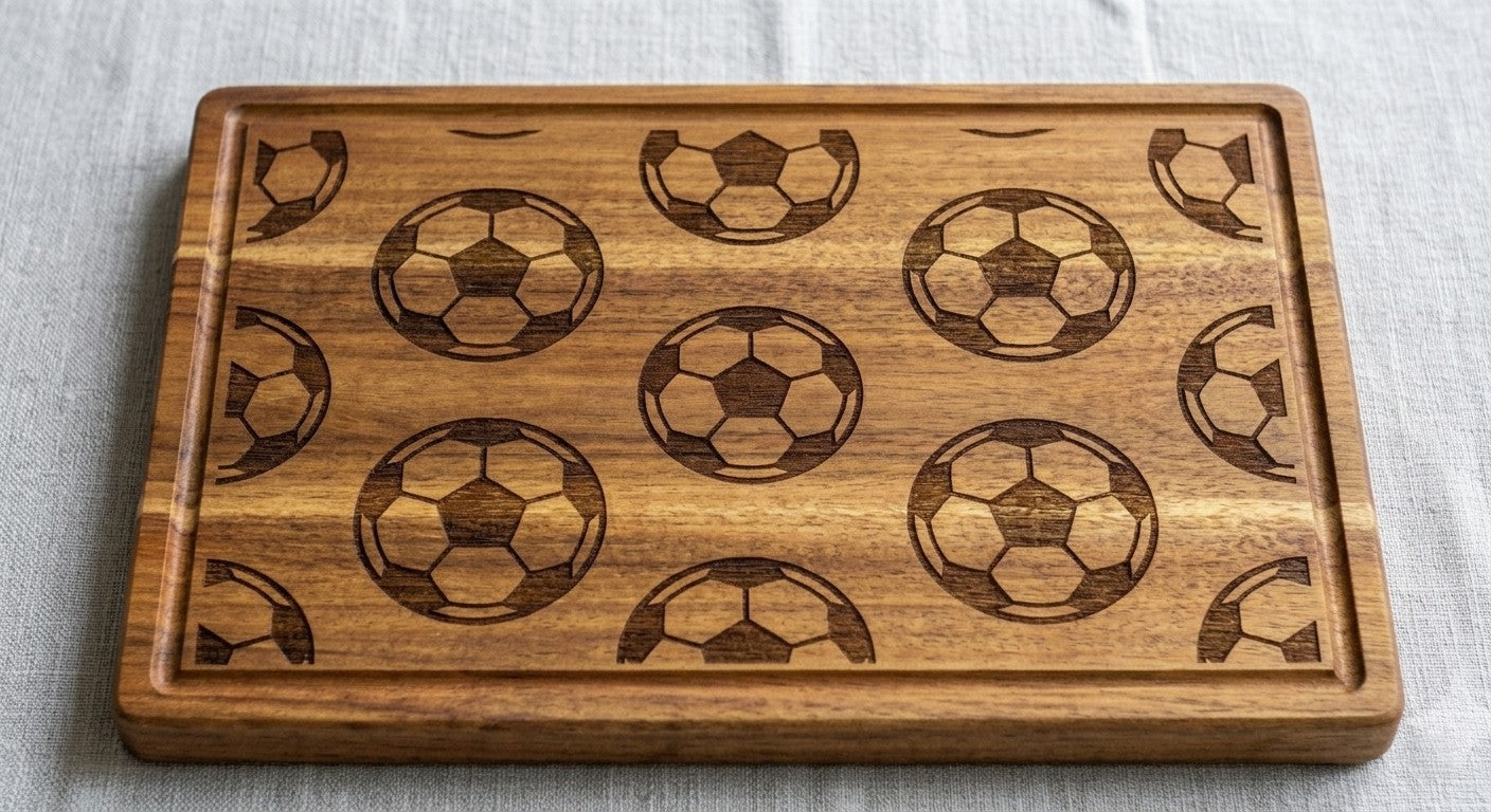 Full pattern soccer engraved serving board with football print, perfect for charcuterie and sports fan gift.