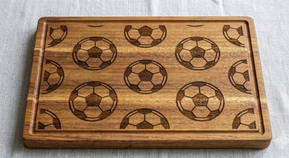 Full pattern soccer engraved serving board with football print, perfect for charcuterie and sports fan gift.