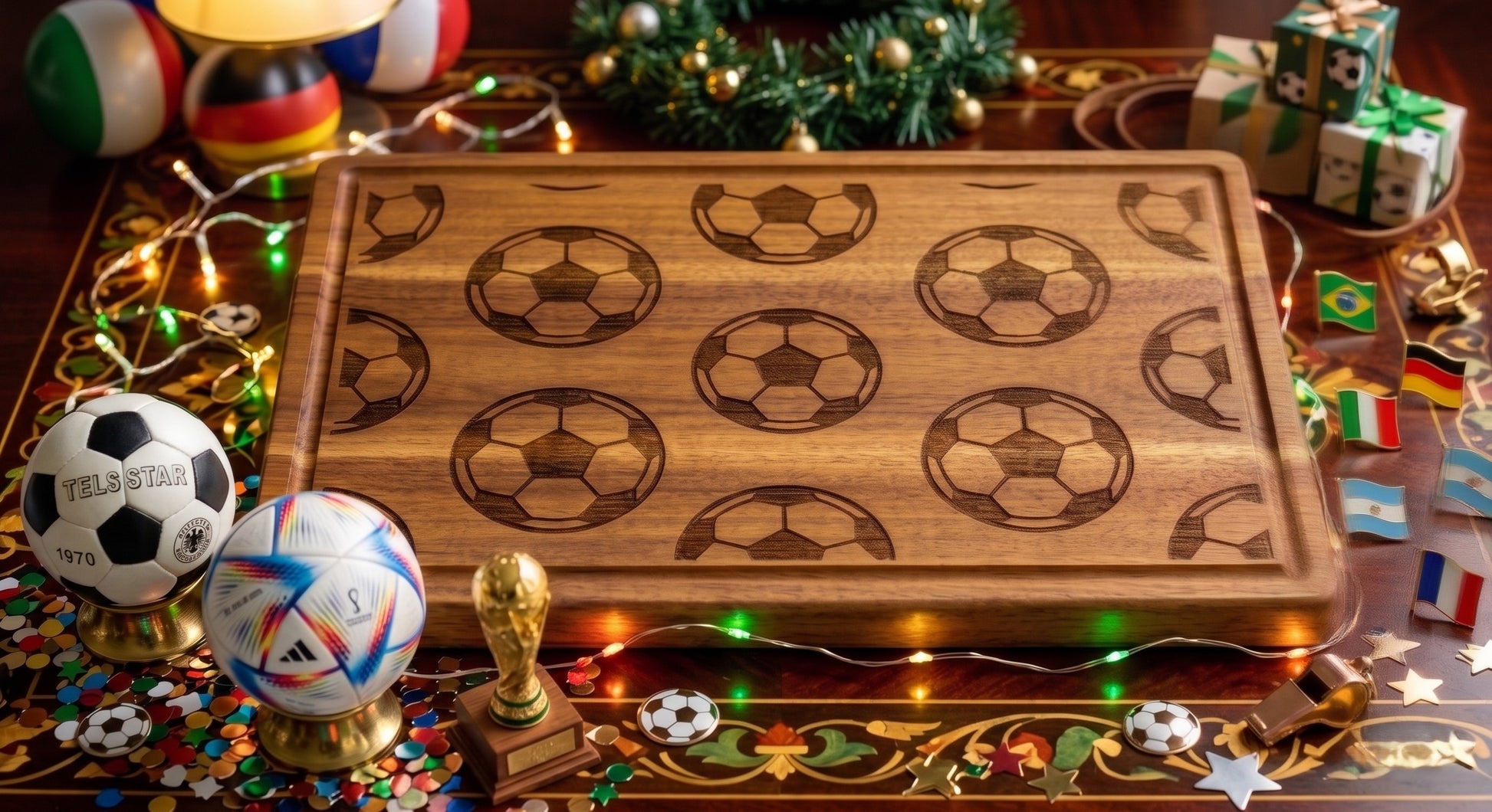 Full pattern soccer engraved serving board featuring football print, ideal for charcuterie and sports fan gift displays.