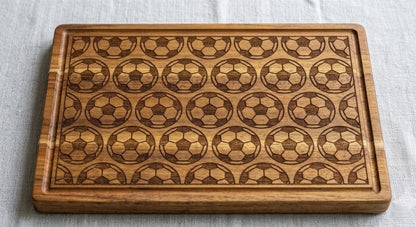 Full pattern soccer engraved serving board with football print, perfect for charcuterie and sports fan gift, by The Present Spot.