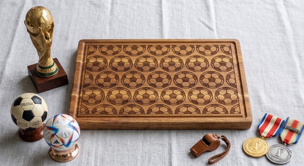 Full pattern soccer engraved serving board with football print, ideal for charcuterie and sports fan gift displays.