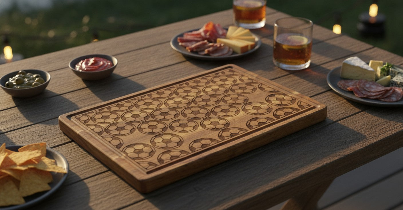 Full Pattern Soccer Engraved Serving Board - Football Print Charcuterie Tray and Sports Fan Gift