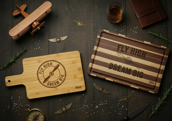 Personalized engraved Pilot charcuterie board with "Fly High Dream Big" quote, made of acacia wood, ideal for pilot gift.