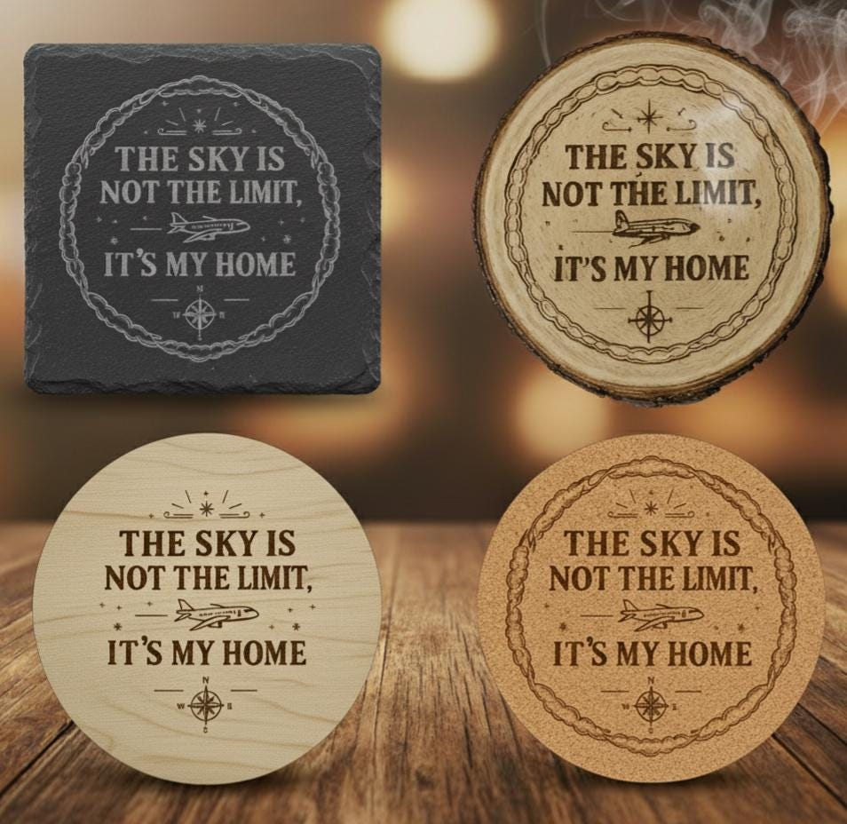 Engraved Aviator Coaster Set from The Present Spot with custom material and cork absorbent surface, featuring "Sky Is My Home" design.