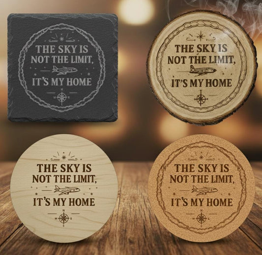 Engraved Aviator Coaster Set from The Present Spot with custom material and cork absorbent surface, featuring "Sky Is My Home" design.
