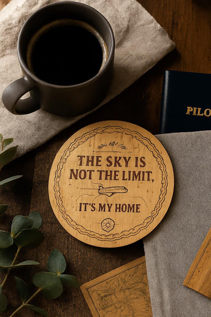 Engraved Aviator Coaster Set from The Present Spot featuring cork material and "Sky Is My Home" design for stylish protection.