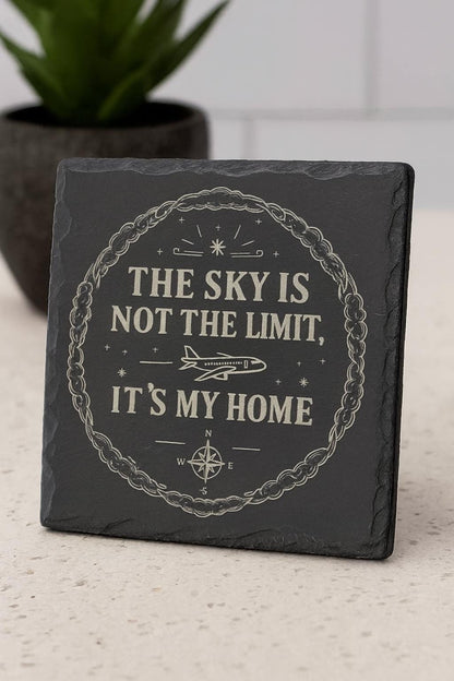Engraved Aviator Coaster Set by The Present Spot, cork absorbent coasters with "Sky Is My Home" design, custom material.