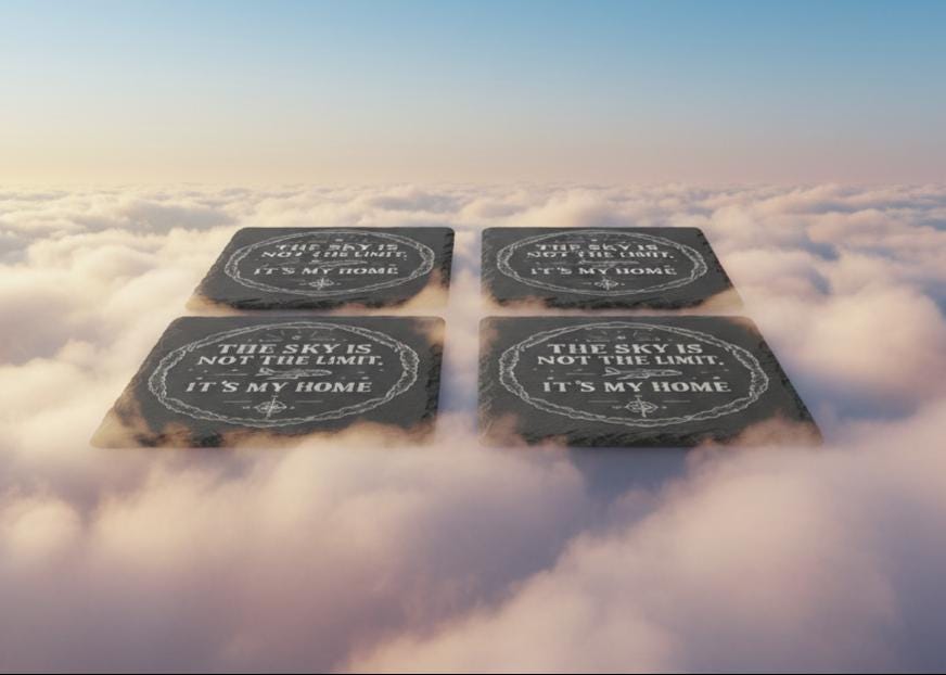 Engraved Aviator Coaster Set by The Present Spot with cork absorbent material, featuring "Sky Is My Home" design.