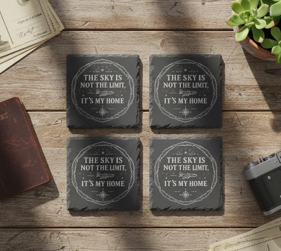 Engraved Aviator Coaster Set from The Present Spot, cork absorbent coasters with "Sky Is My Home" design, custom material, aviation theme.