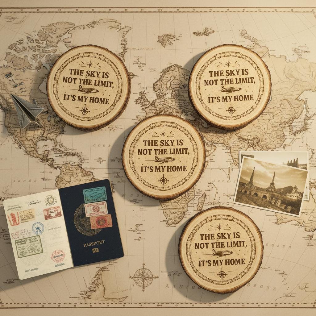 Engraved Aviator Coaster Set by The Present Spot featuring cork material with "Sky Is My Home" design, absorbent and custom-made.