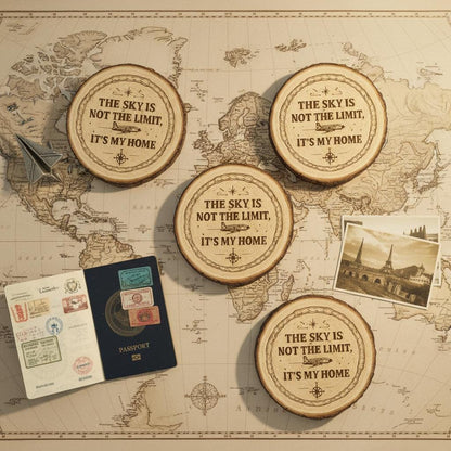 Engraved Aviator Coaster Set by The Present Spot featuring cork material with "Sky Is My Home" design, absorbent and custom-made.