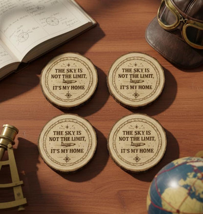 Engraved Aviator Coaster Set from The Present Spot featuring cork absorbent material and "Sky Is My Home" custom design.