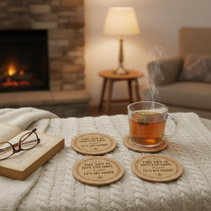 Engraved Aviator Coaster Set from The Present Spot with custom "Sky Is My Home" design on absorbent cork coasters.