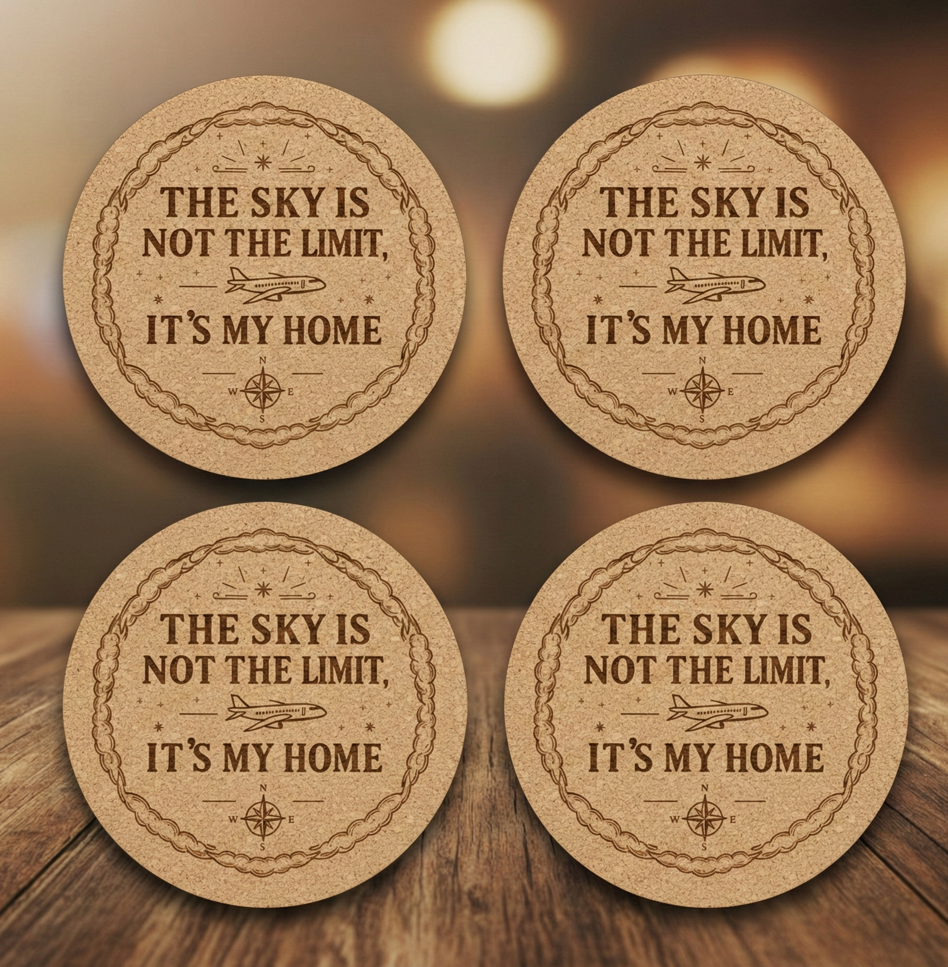 Engraved Aviator Coaster Set by The Present Spot, cork absorbent coasters with "Sky Is My Home" design for home decor.