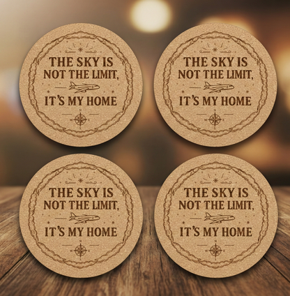 Engraved Aviator Coaster Set by The Present Spot, cork absorbent coasters with "Sky Is My Home" design for home decor.