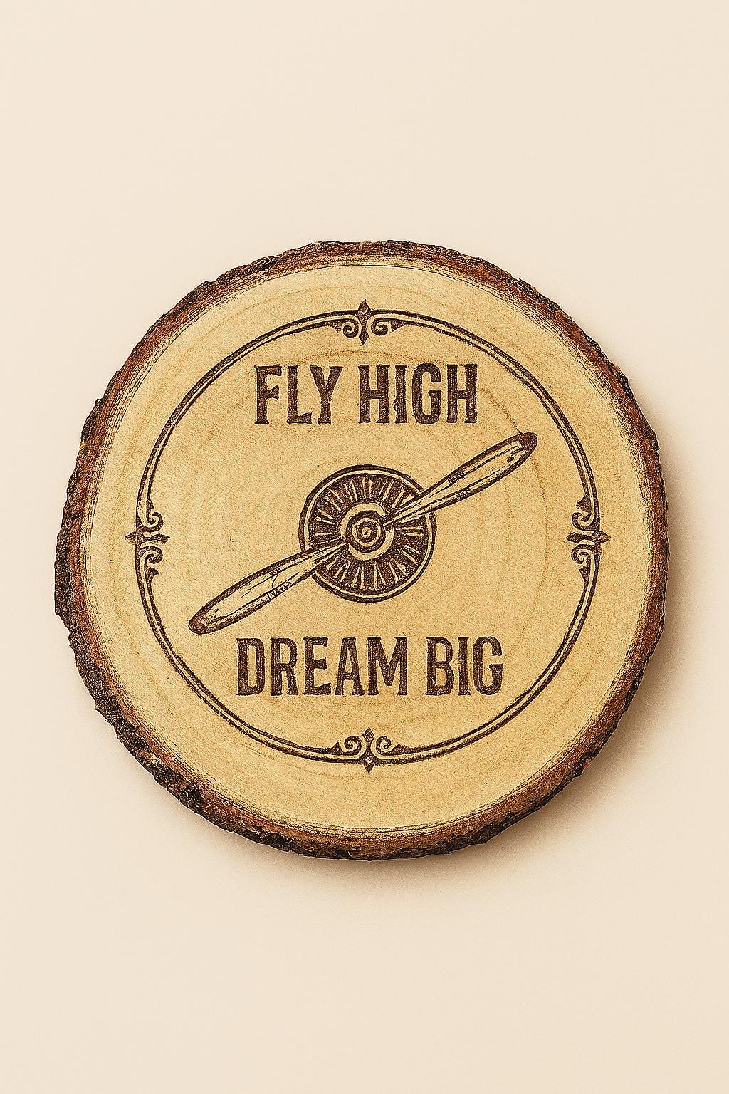 Set of four pilot-themed coasters from The Present Spot, featuring inspirational "Fly High, Dream Big" design in cork or other material.