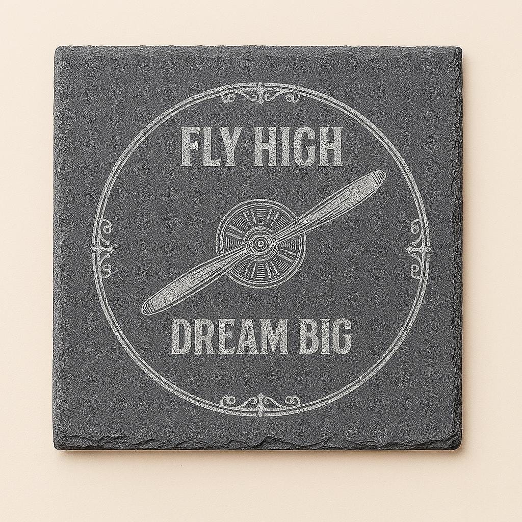 Set of four pilot-themed coasters by The Present Spot featuring "Fly High, Dream Big" design in cork material.