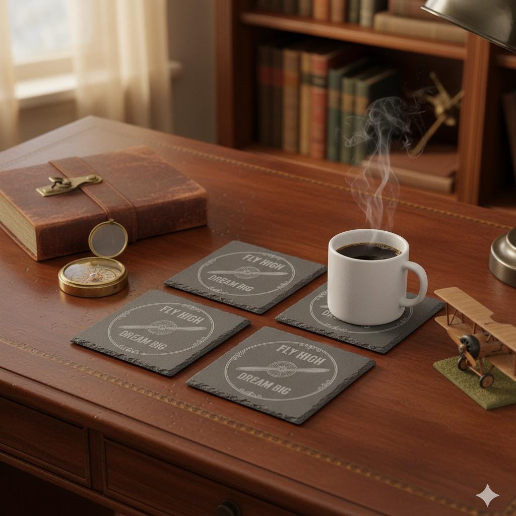 Set of four pilot-themed coaster set by The Present Spot, featuring cork material with "Fly High, Dream Big" design for aviation lovers.
