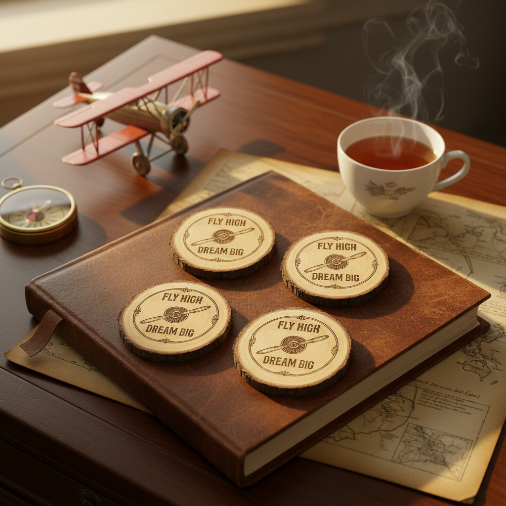 Set of four pilot-themed coasters by The Present Spot in cork material with "Fly High, Dream Big" design.